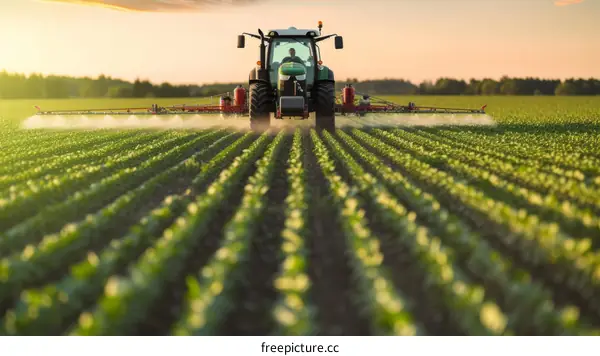 Tractor spraying pesticides on a soybean field