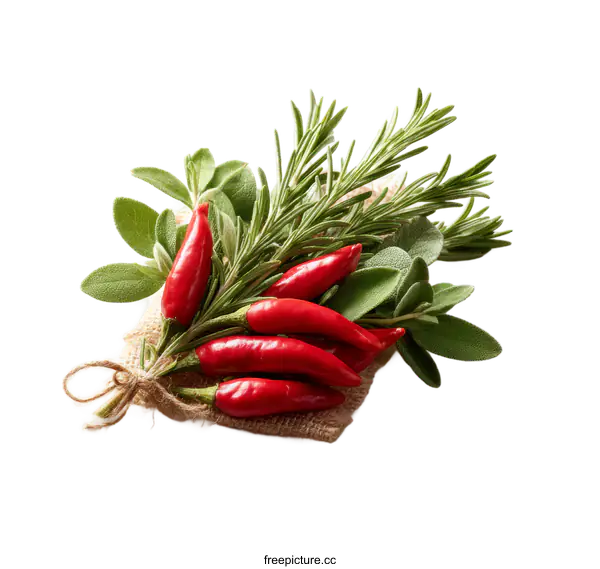 [Transparent Background PNG]Red chili peppers with herbs and peppercorns