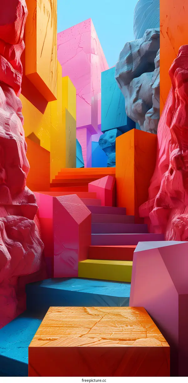 Colorful 3D geometric shapes form a surreal landscape with stairs leading upwards