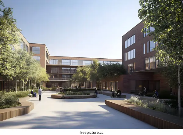 Modern Apartment Complex Courtyard with People