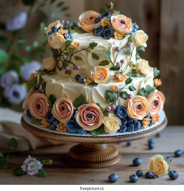 A cake decorated with flowers and blueberries