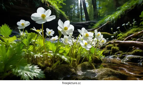 Close-up of white flowers in a forest with a stream running through it