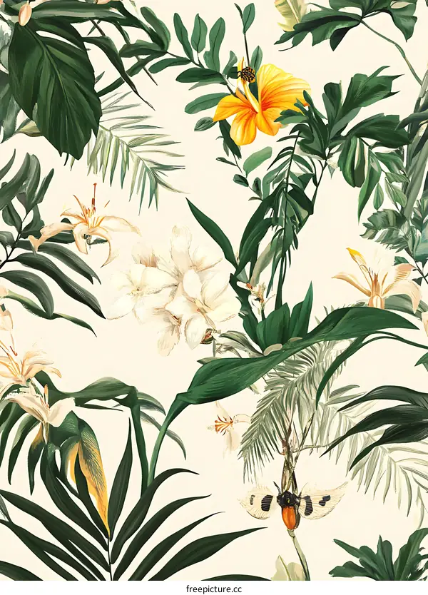 Tropical Floral Pattern With Lush Greenery And Flowers