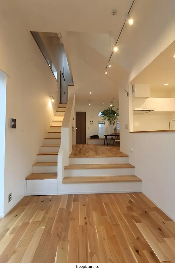 Modern Home Interior Design with Wooden Stairs and White Walls