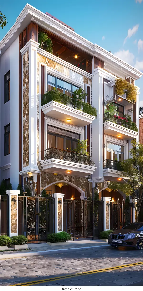 Modern Luxury Home Exterior with Balconies and a Black Car
