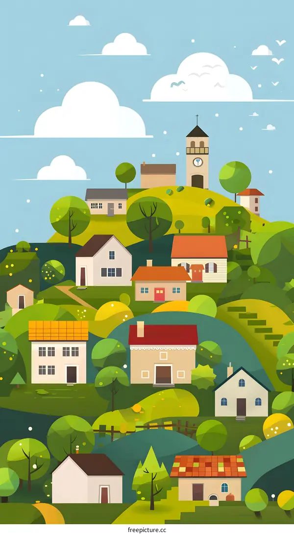 Cartoon Village Illustration With Houses and Hills
