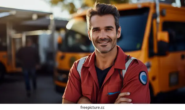 portrait of a smiling man in an orange jumpsuit standing in front of a truck