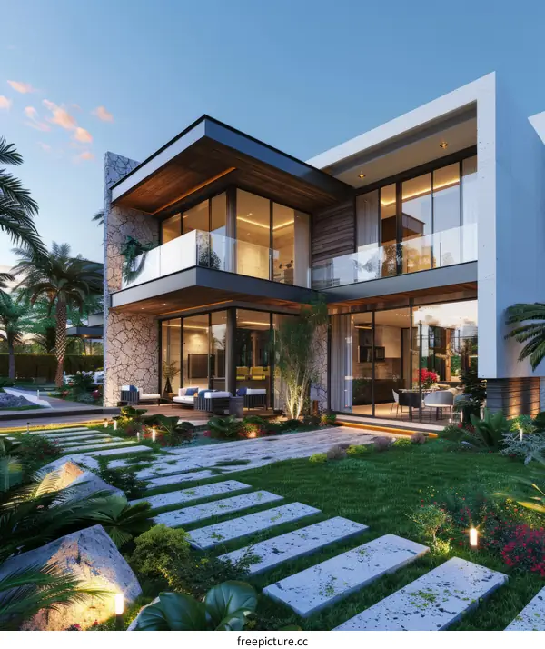 A stunning modern villa with a pool and lush garden