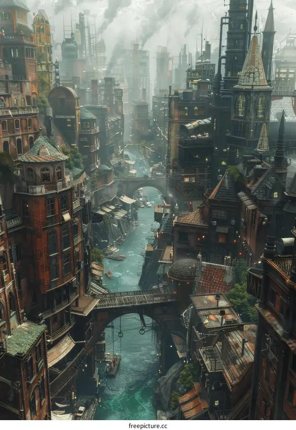 Steampunk Cityscape Aerial View Illustration