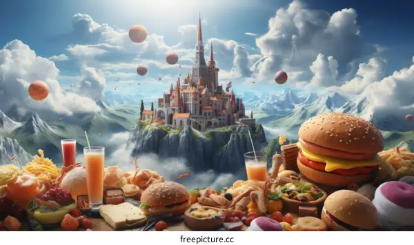 A feast fit for a king with a floating castle in the sky
