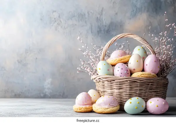 Easter Basket with Decorated Eggs and Cookies