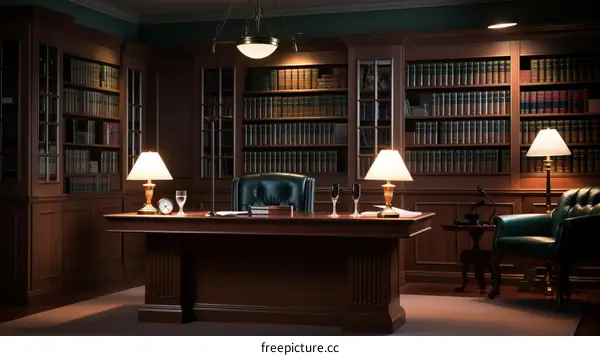 Luxurious vintage library with leather furniture and bookcases