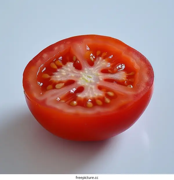 A cross section of a tomato reveals its juicy interior