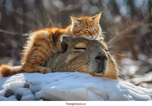 Orange cat sleeping on capybara