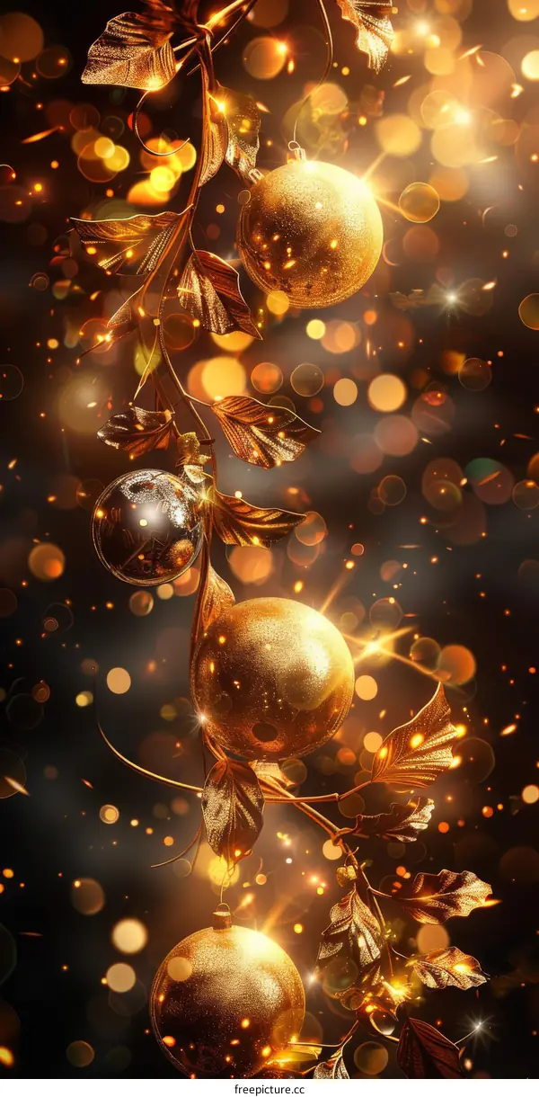 Glowing Gold Christmas Baubles on a Festive Tree