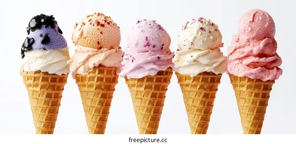 Colorful Ice Cream Cones on White Background