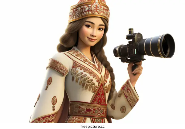 An Uzbek girl in traditional dress holds a camera.
