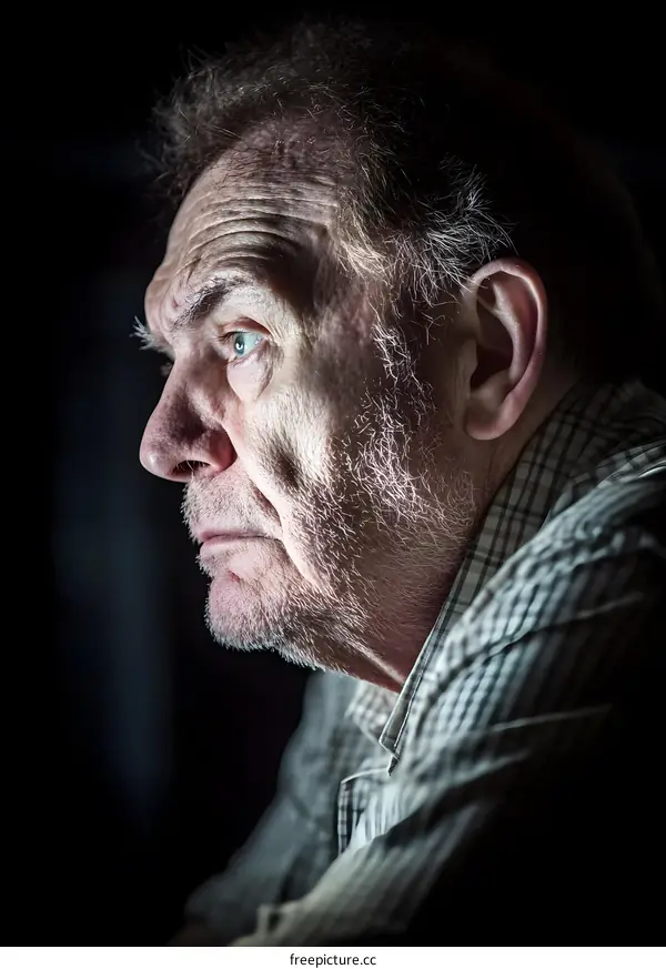 Portrait of a Senior Man With Wrinkles and Grey Hair Looking Away