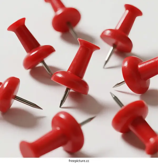 Close-up view of red pushpins with sharp metal points