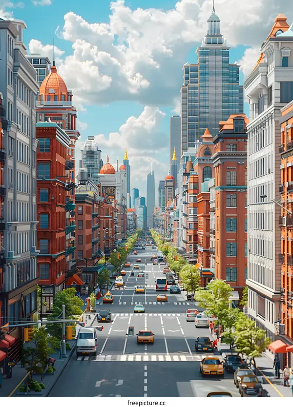 A wide and long city street with many cars and people on it