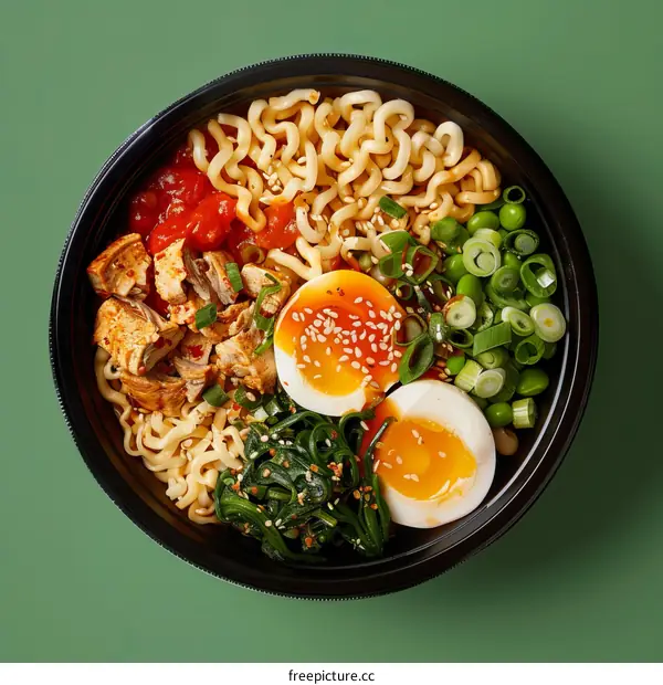 Noodles with chicken, egg and vegetables in a black bowl