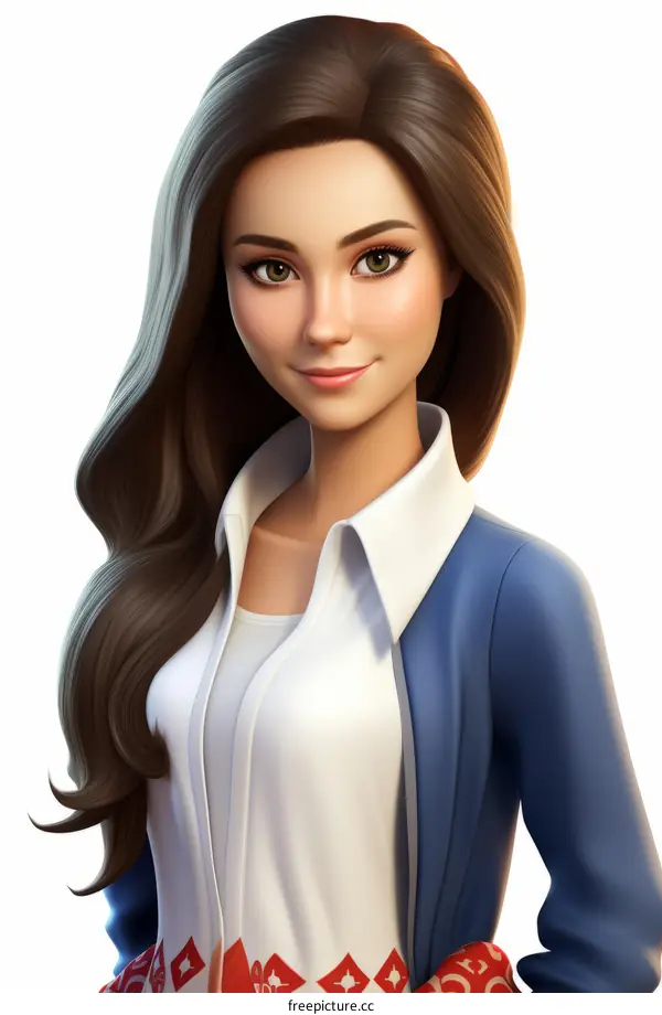 A beautiful young woman with long brown hair and green eyes is wearing a white blouse and blue suit jacket.