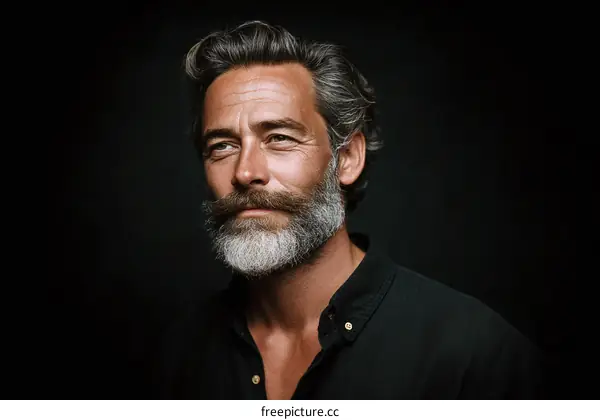 Mature man with gray beard wearing black shirt against dark background