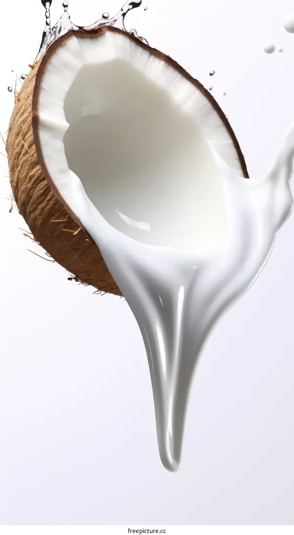 Coconut Milk Drizzling from a Cracked Coconut
