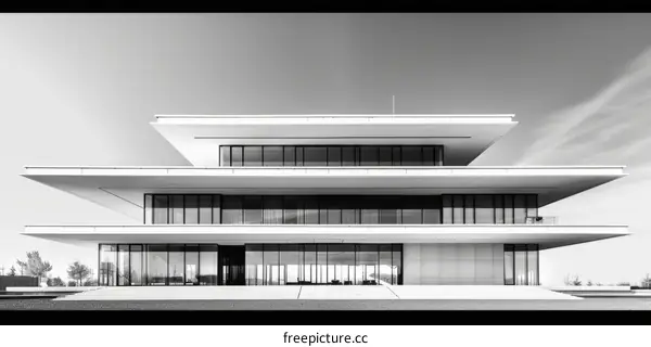 Black and white photo of a modern office building with large glass windows