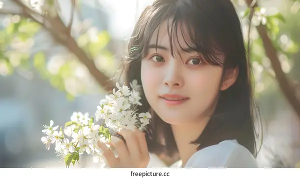 Asian Woman with Short Hair Smiling and Holding White Flowers