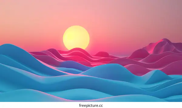 Glowing Sun Over Purple and Blue 3D Landscape