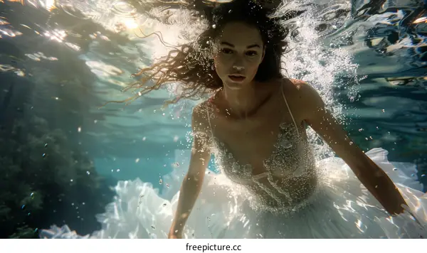 An ethereal underwater photoshoot of a bride in a white dress