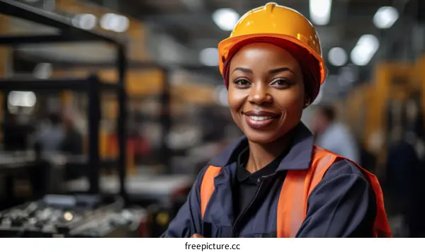 Portrait of a smiling female factory worker wearing a hard hat