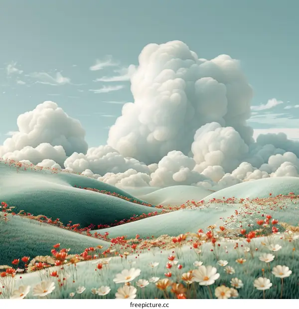 Dreamy Landscape with Fluffy Clouds and Flowers