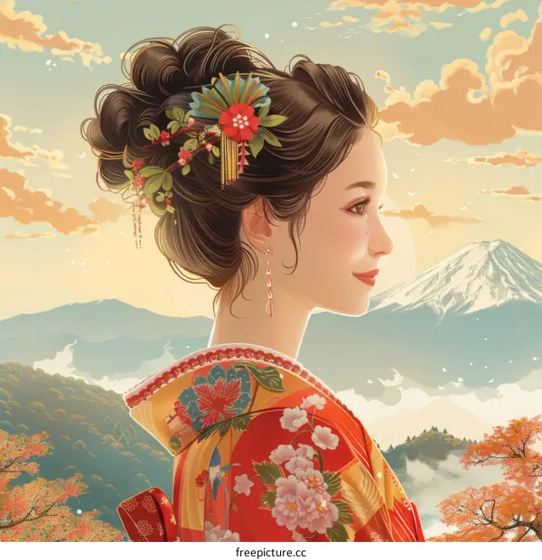 A beautiful Japanese woman in traditional kimono with Mount Fuji in the background
