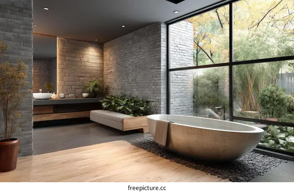 Modern Luxurious Stone Bathtub with Garden View