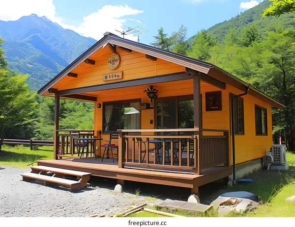 Small Yellow Wooden Cabin in a Mountain Forest