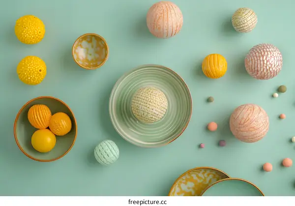 Decorative Balls and Plates Flat Lay on Green Background