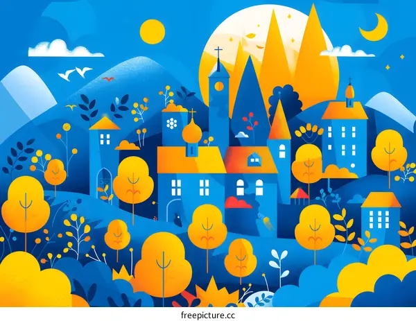 Blue and Yellow City Landscape Illustration