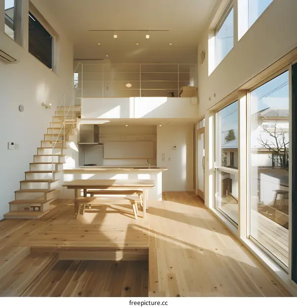 Modern Minimalist Home Interior Design With Wooden Floors And Large Windows