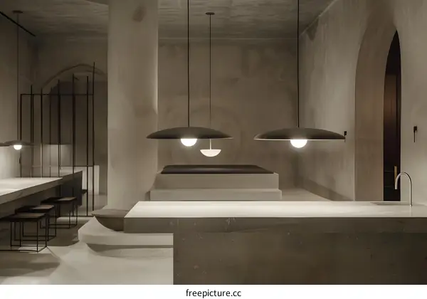 Minimalist Interior Design with Concrete Walls and Pendant Lights