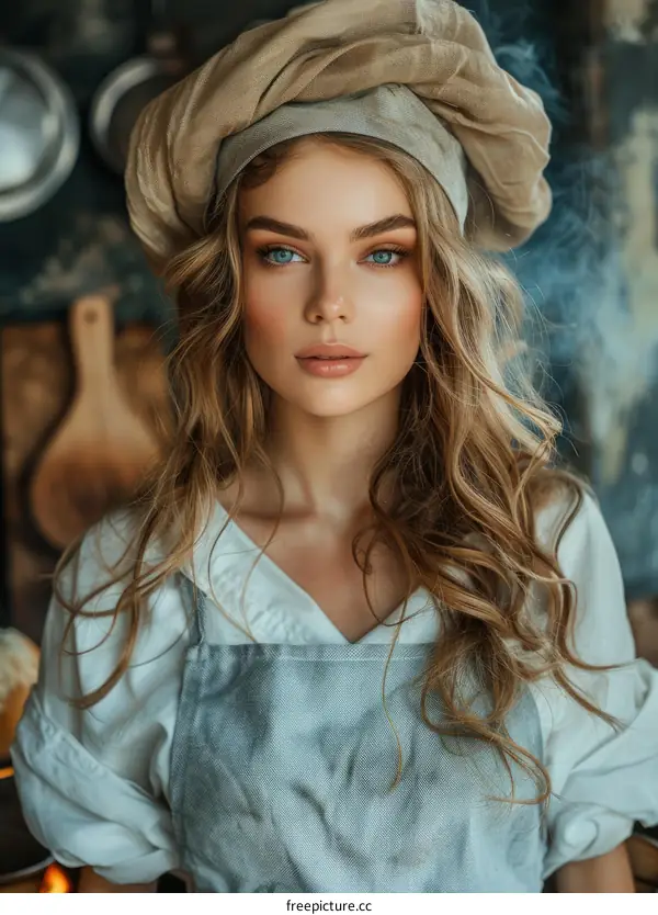 Portrait of a beautiful young woman in a chef's hat and apron