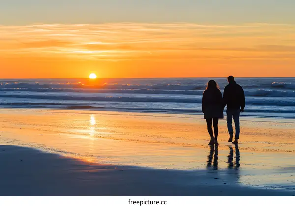 Couple Walking on Beach at Sunset