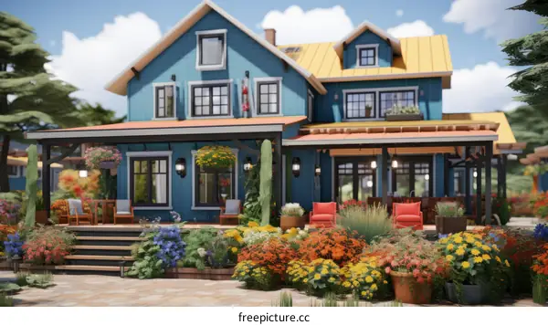 A blue two-story house with a yellow roof and a large garden full of flowers