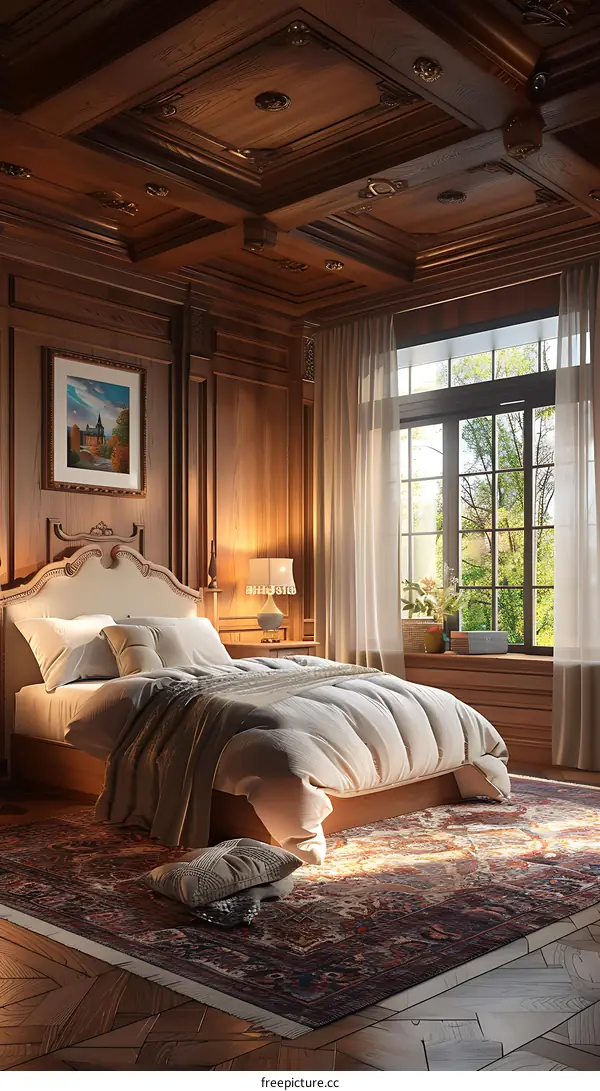 Ornate wooden bedroom with large windows