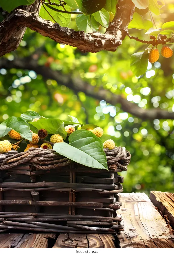Yellow Fruits In A Wicker Basket On A Wooden Table With Green Leaves In The Background