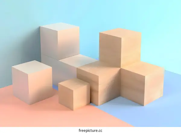 Abstract Geometric Wooden and White Cubes on Blue and Pink Background