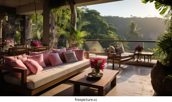 A beautiful living room with a view of the jungle