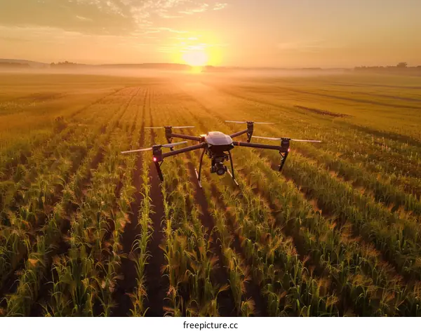 A drone is flying over a field of wheat at sunset.
