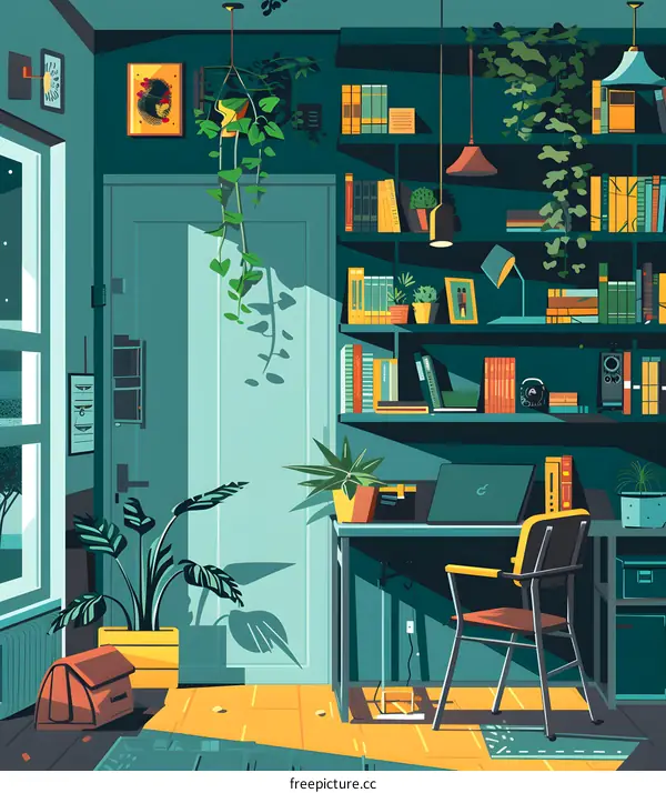 Minimalist Home Office Interior Design with Bookshelf and Plants